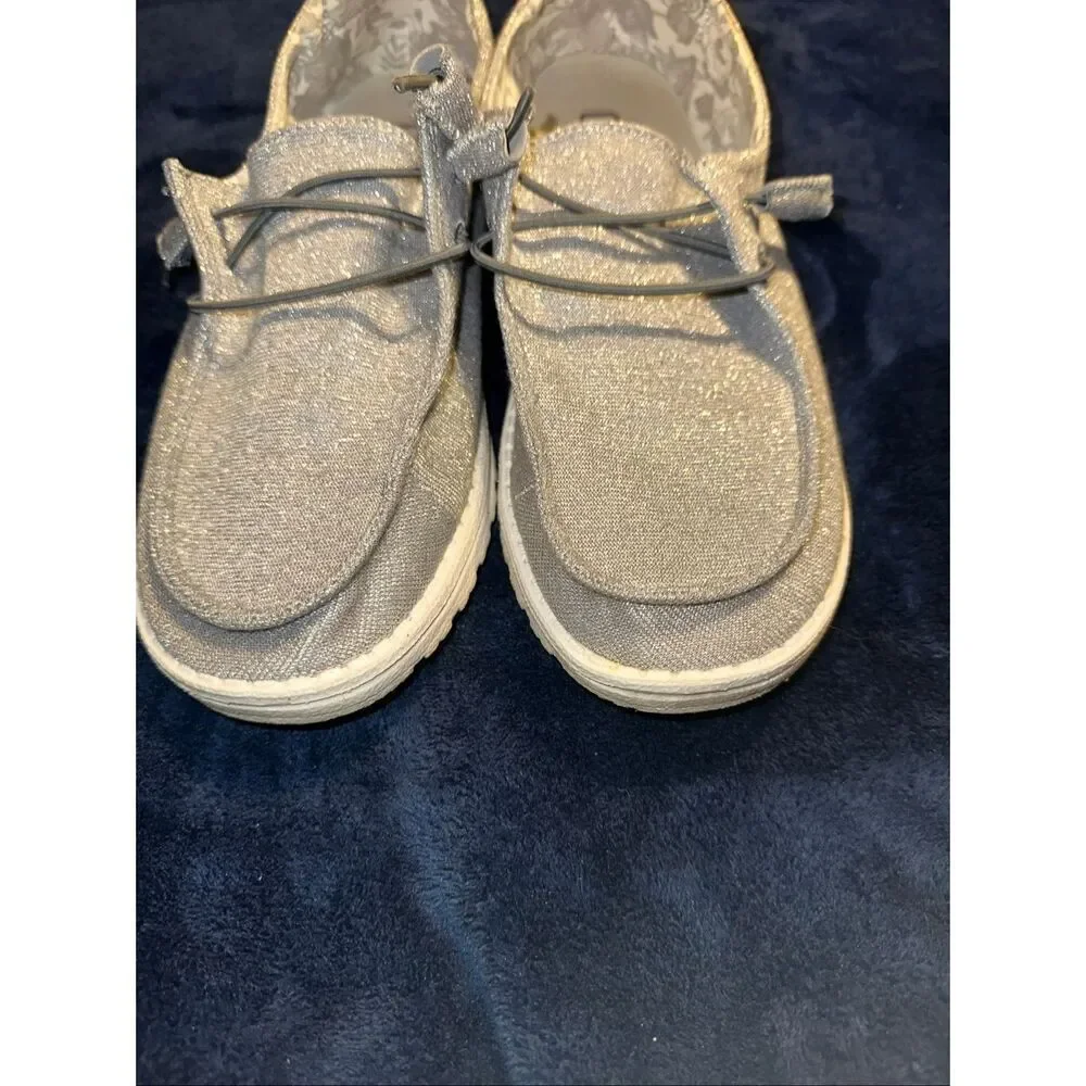 NWOT Hey Dude Women’s size 9 Light Glittery Gray Loafers